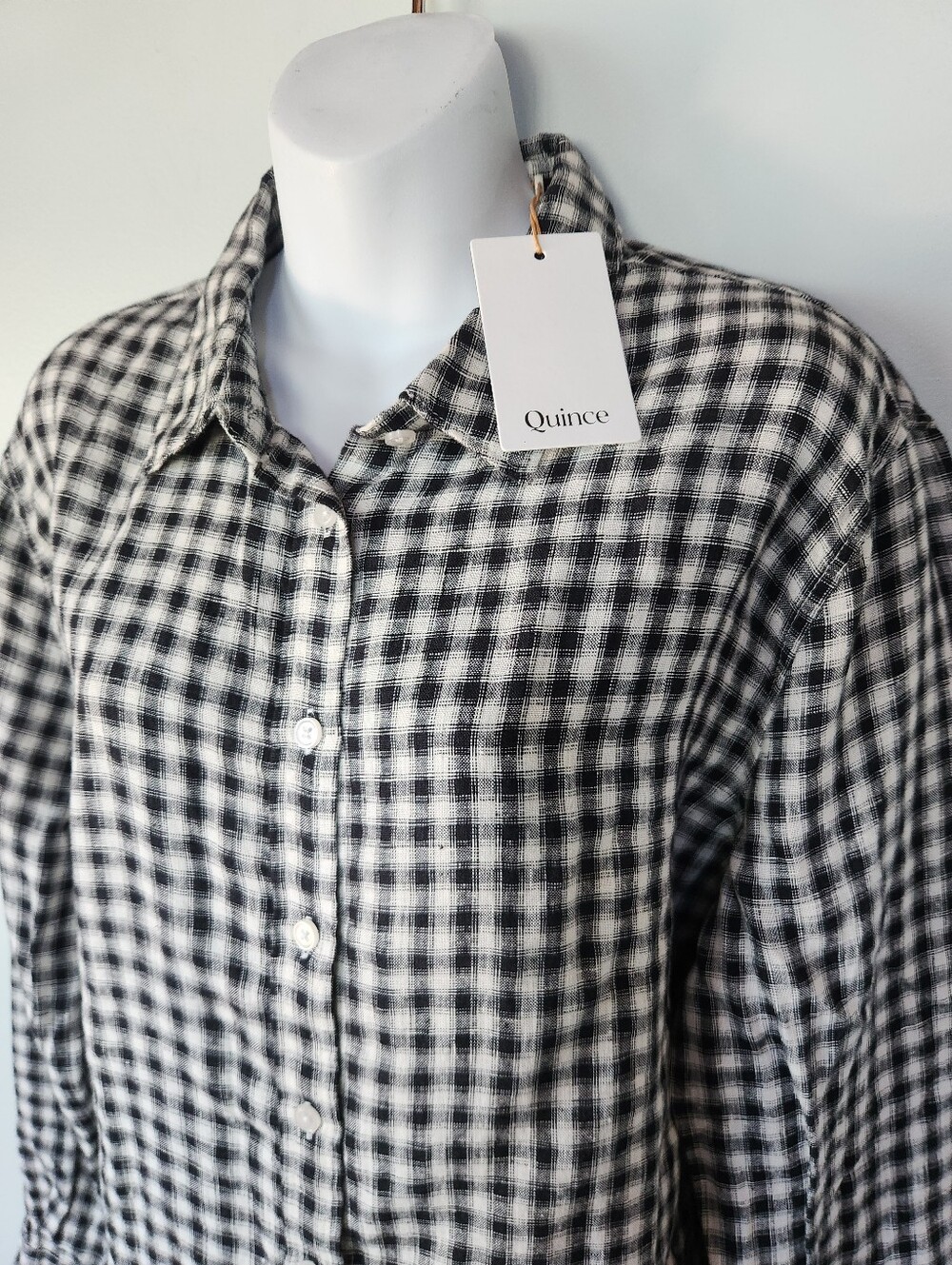 QUINCE Button Up Shirt Women's Black White Check Top 100% Linen